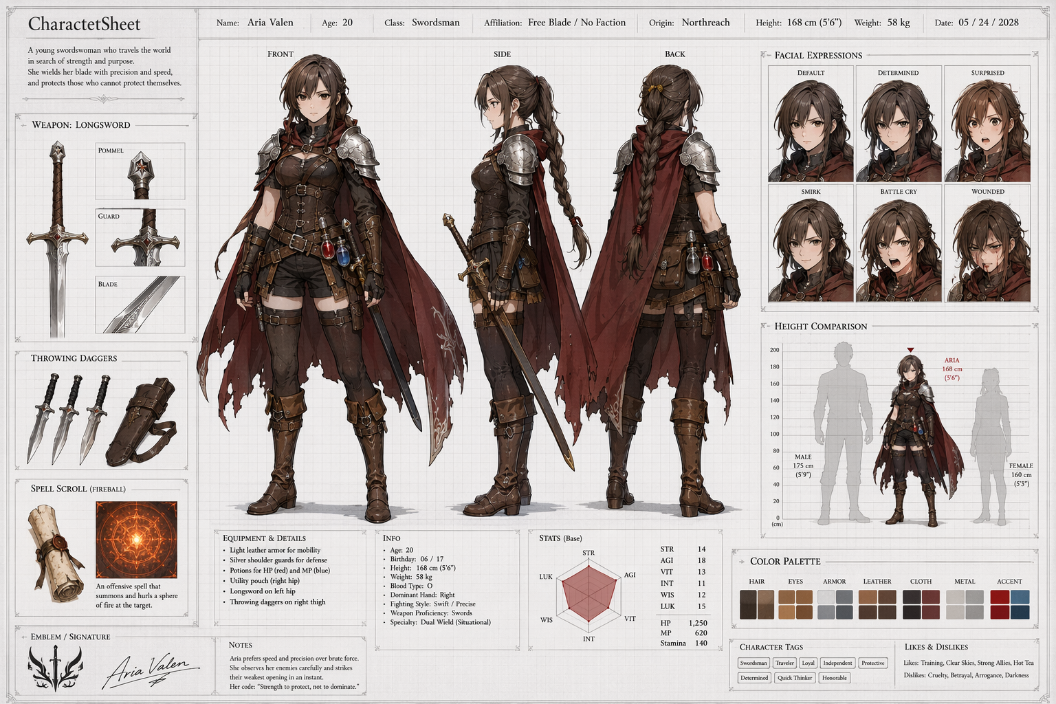 RPG Female Swordsman Character Sheet